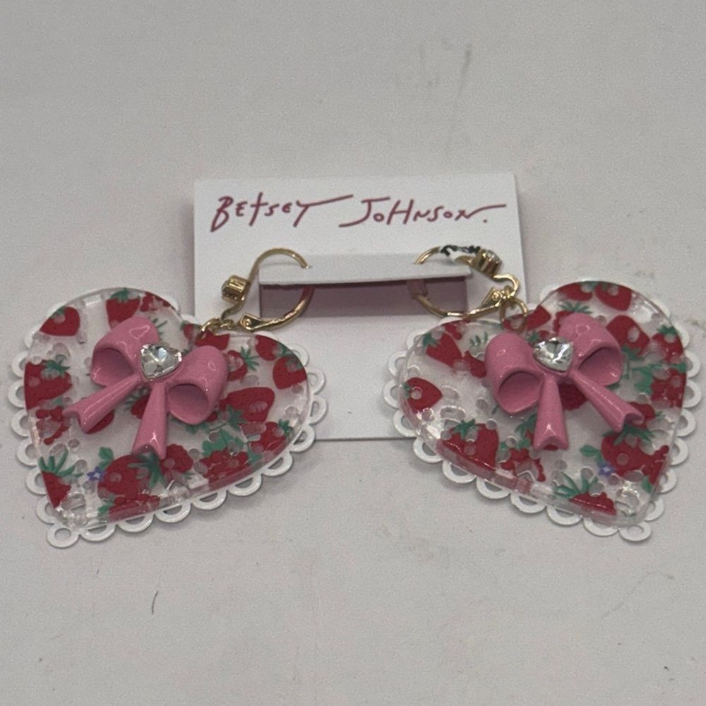 Betsey Johnson Heart Earrings with Pink Bows - Picture 3 of 5
